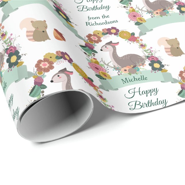 Papier Cadeau Wreath de cerfs de bois Joyeux anniversaire (Coin rond)