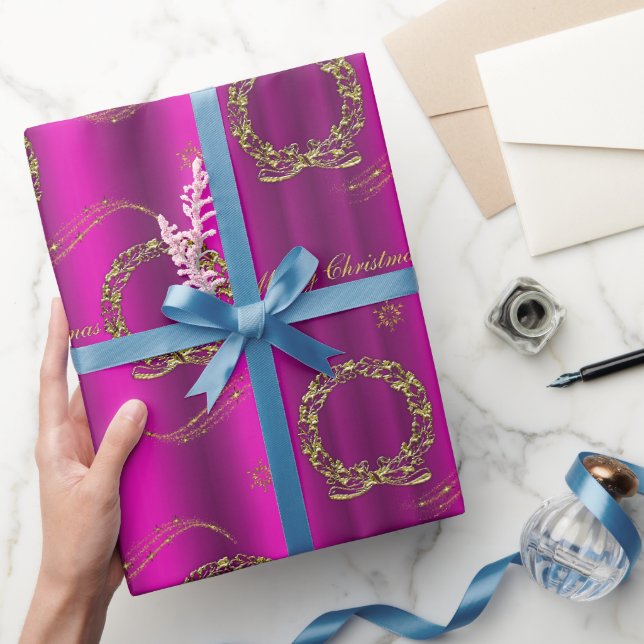 Papier Cadeau Wreath or et Stars Noël rose (Cadeaux)