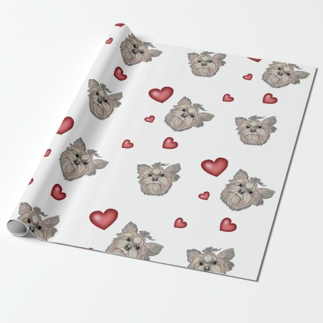 Papier Cadeau Yorkshire Terrier Bows Coeurs Cadeau (Déroulé)