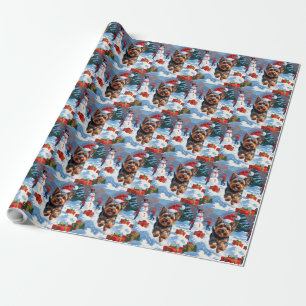 Papier Cadeau Yorkshire Terrier dans la neige avec un chapeau de