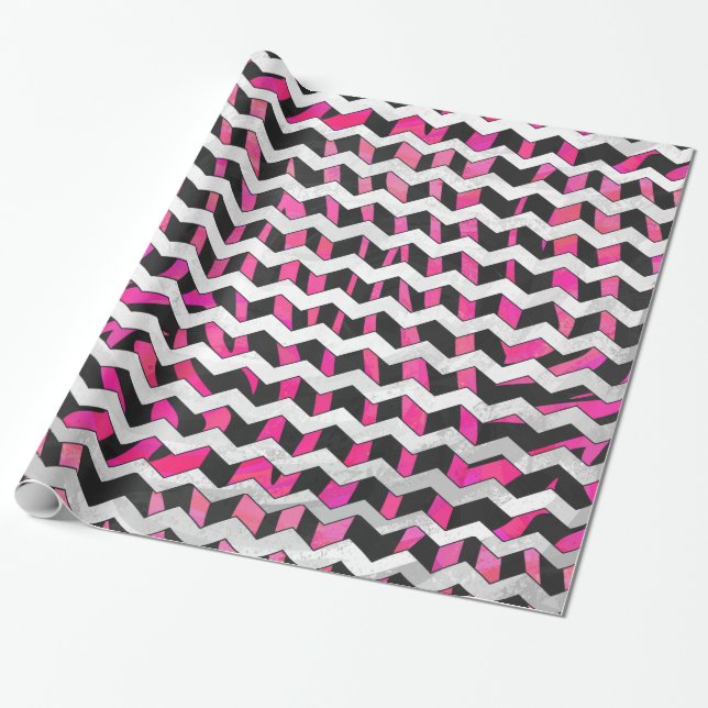 Papier Cadeau Zebra Chevron noir et rose chaud (Déroulé)