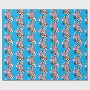 Papier Cadeau Zèbre avec lunettes roses Bg Bleu