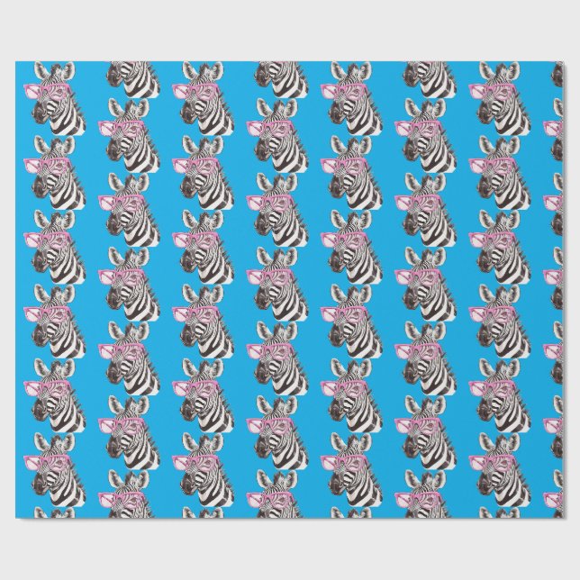 Papier Cadeau Zèbre avec lunettes roses Bg Bleu (Plat)