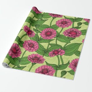 Papier Cadeau Zinnias roses sur fond vert clair