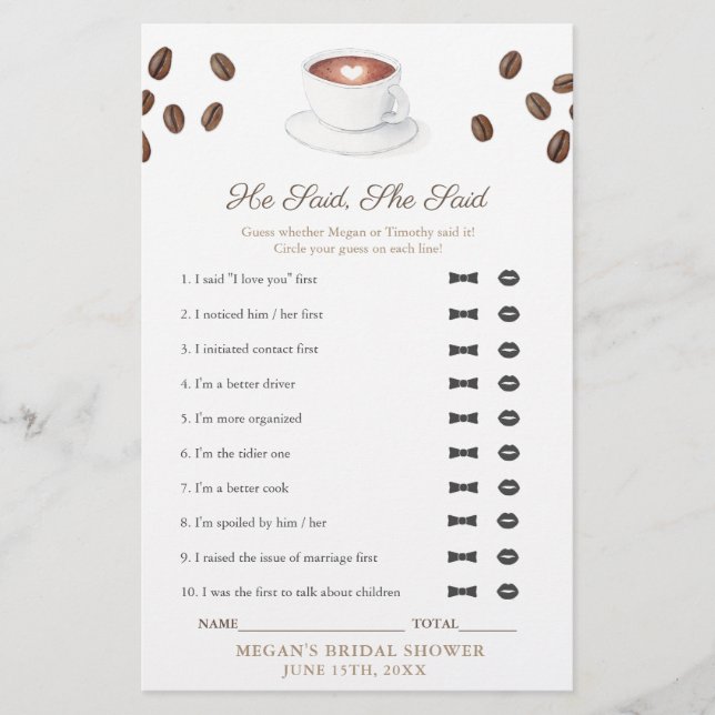 Papier Café Il A Dit Qu'Elle A Dit Fête des mariées Game  (Devant)
