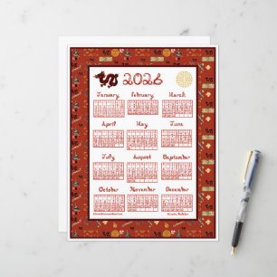 Papier Calendrier 2026 Thème Chinois Rouge Police de Cara