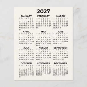 Papier Calendrier crème minimaliste 2027 vue annuelle com