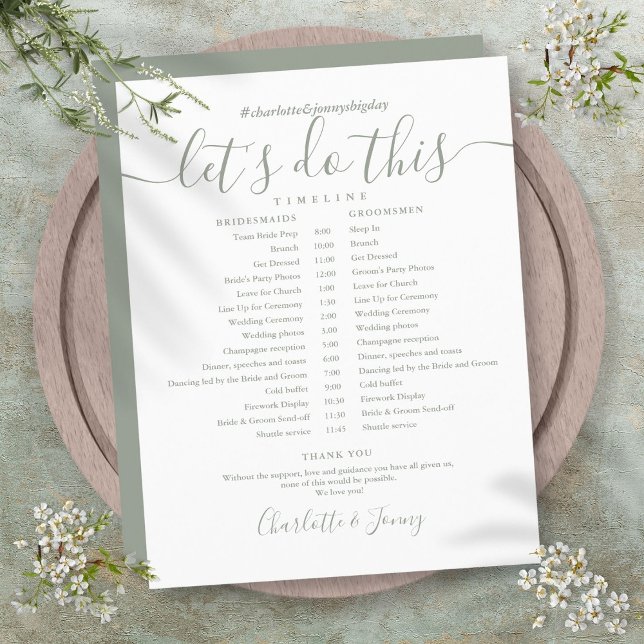 Papier Calendrier de mariage à l'écriture verte sauge (Sage Green Script Wedding Schedule Timeline)