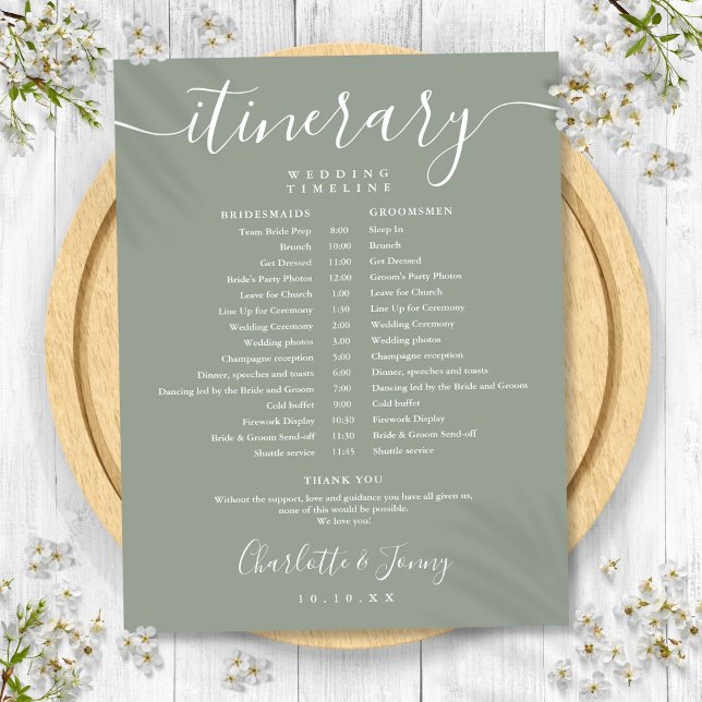 Papier Calendrier de mariage avec itinéraire et timeline  (Sage Green Schedule Wedding Itinerary Timeline)