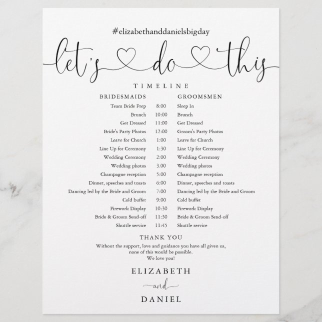 Papier Calendrier de Mariage de script noir et blanc (Devant)
