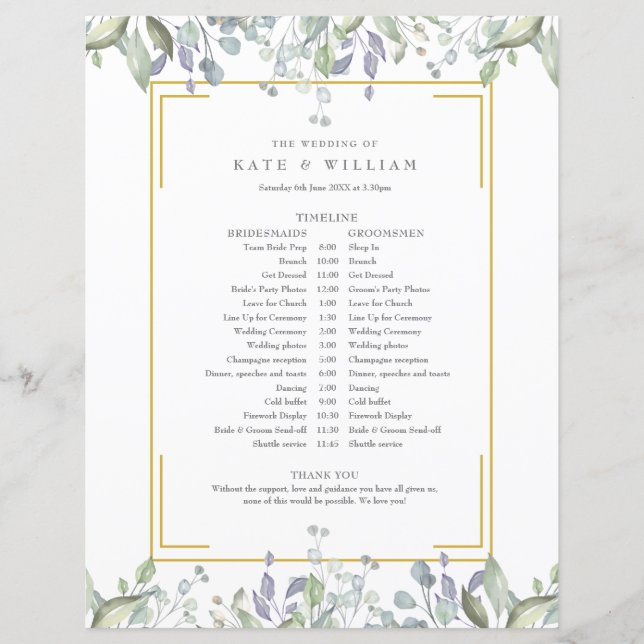 Papier Calendrier de mariage floral à verdure (Devant)