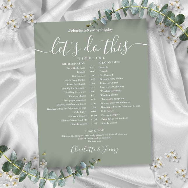 Papier Calendrier de mariage vert sauge élégant (Elegant Sage Green Wedding Schedule Timeline)