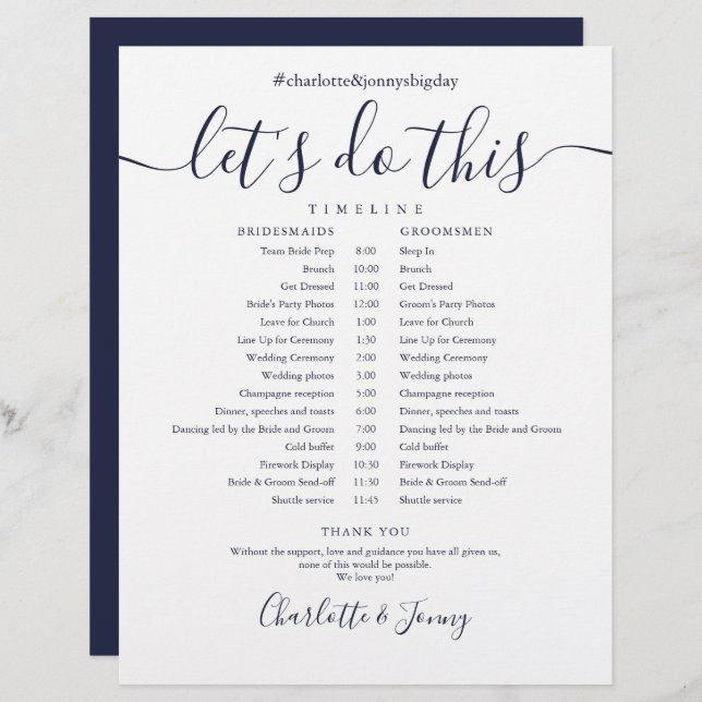 Papier Calendrier du Mariage de script bleu marine (Devant / Derrière)