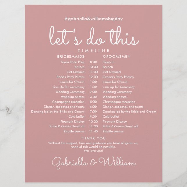 Papier Calendrier du Mariage de script de Rose Dusty (Devant)