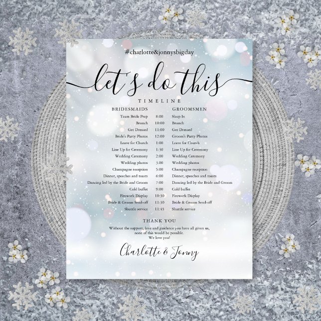 Papier Calendrier du Mariage de script élégant en hiver (Winter Elegant Script Wedding Schedule Timeline)