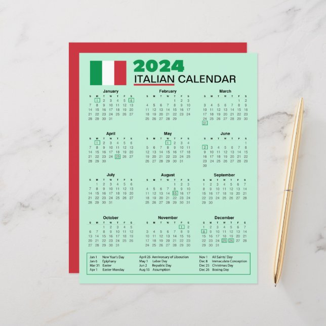 Papier Calendrier italien 2024 avec jours fériés | Calend (Devant/Arrière en situation)