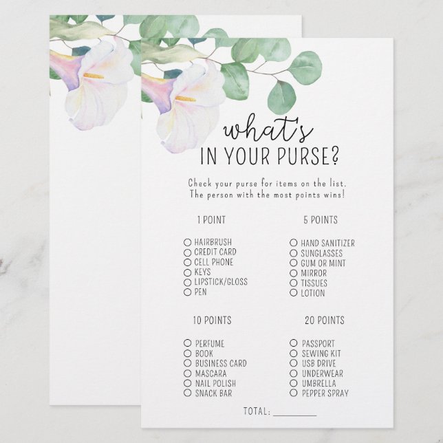Papier Calla et eucalyptus - Qu'y a-t-il dans votre sac à (Devant / Derrière)