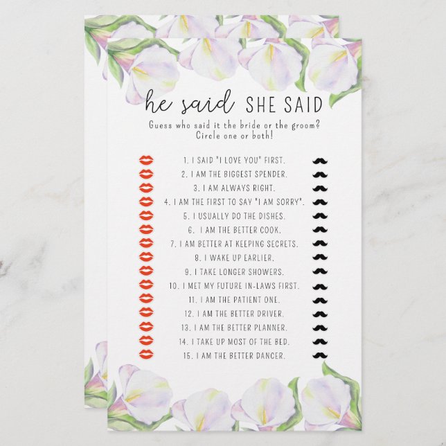 Papier Calla - Il a dit qu'elle a dit jeu de douche nupti (Devant / Derrière)