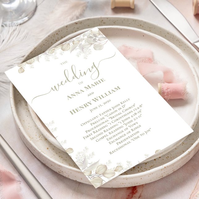 Papier Calligraphie de mariage floral vert sauge programm (Welcome wedding program with elegant sage green greenery and calligraphy script. )