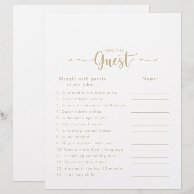 Papier Calligraphie Gold Fête des mariées Trouvez le jeu  (Devant / Derrière)
