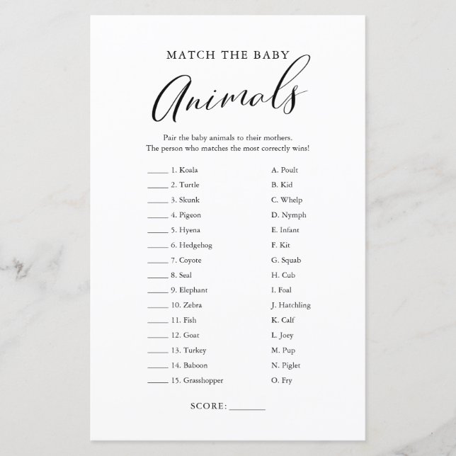Papier Calligraphie minimaliste Bébé Animal Match (Devant)