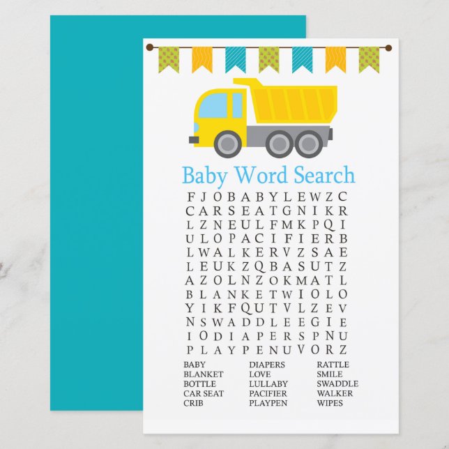 Papier Camion de vidage Baby shower Word Search Jeu (Devant / Derrière)
