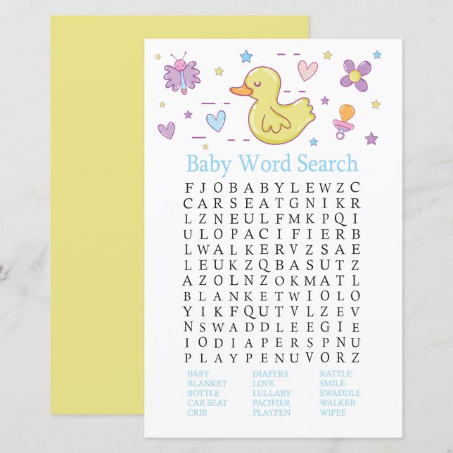 Papier Canard en caoutchouc Baby shower Word Search Jeu (Devant / Derrière)
