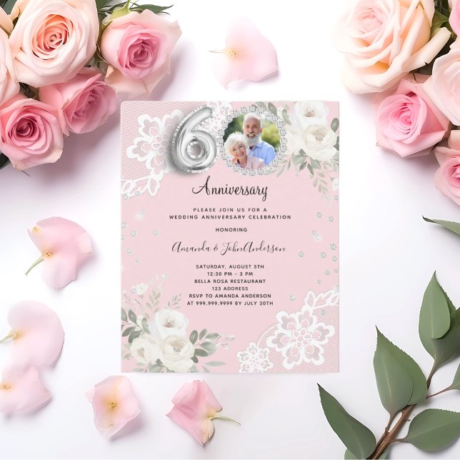 Papier Carreaux roses floraux 60e faire-part de mariage (Créateur téléchargé)