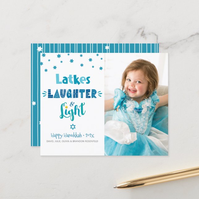 Papier Carte-lumière Budget Photo Hanoukka Latkes Laughte (Devant/Arrière en situation)