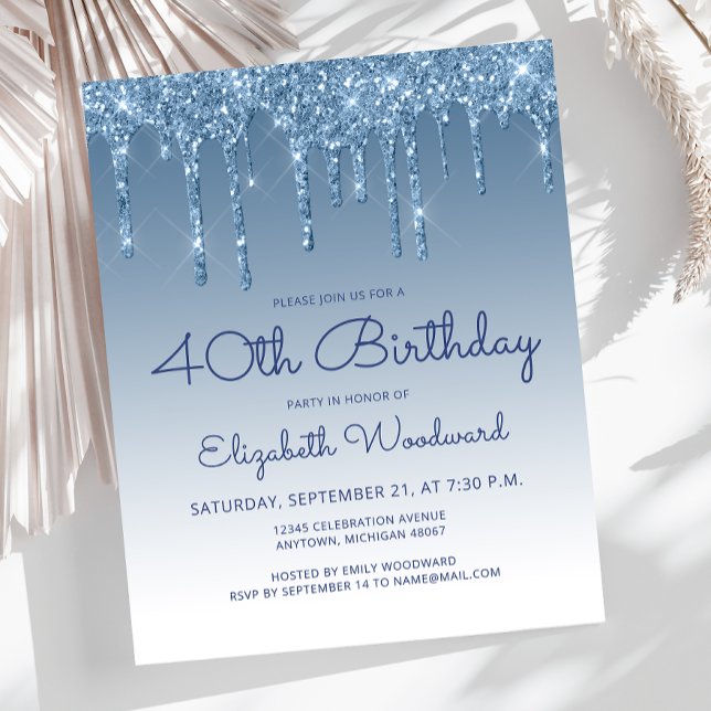 Papier Carton d'invitation 40 ans Budget Glitter Drip Ble (Créateur téléchargé)