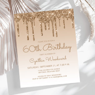 Papier Carton d'invitation 60 ans pailleté doré à gouttes