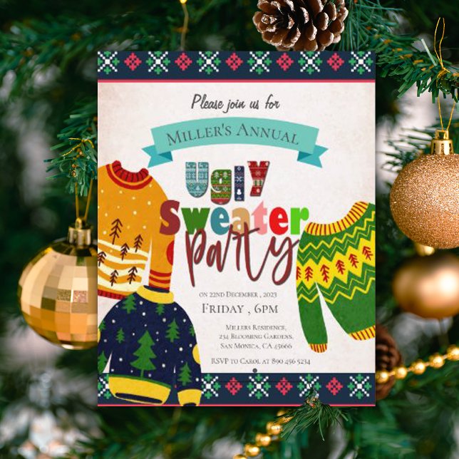 Papier Carton d'invitation à une soirée de Noël avec moti (Ugly Sweater Pattern Christmas Party Invitation)