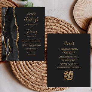 Papier Carton d'invitation de mariage à code QR noir doré