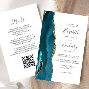 Papier Carton d'invitation de mariage à code QR sarcelle 