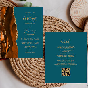 Papier Carton d'invitation de mariage à code QR sarcelle