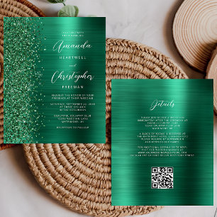 Papier Carton d'invitation de mariage à code QR vert glam