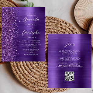 Papier Carton d'invitation de mariage à code QR violet gl