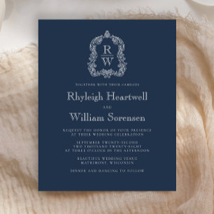 Papier Carton d'invitation de mariage à monogramme bleu m