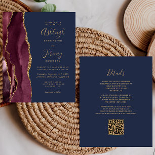 Papier Carton d'invitation de mariage Code QR Or Bourgogn