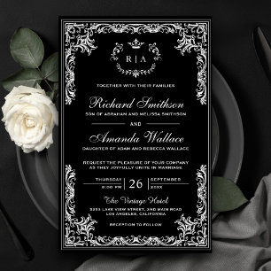 Papier Carton d'invitation de mariage noir orné vintage à