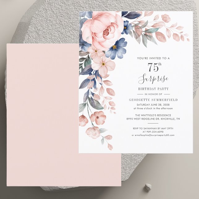 Papier Carton d'invitation pour 75e anniversaire à fleurs (Botanical Pink Floral 75th Birthday Invitation)