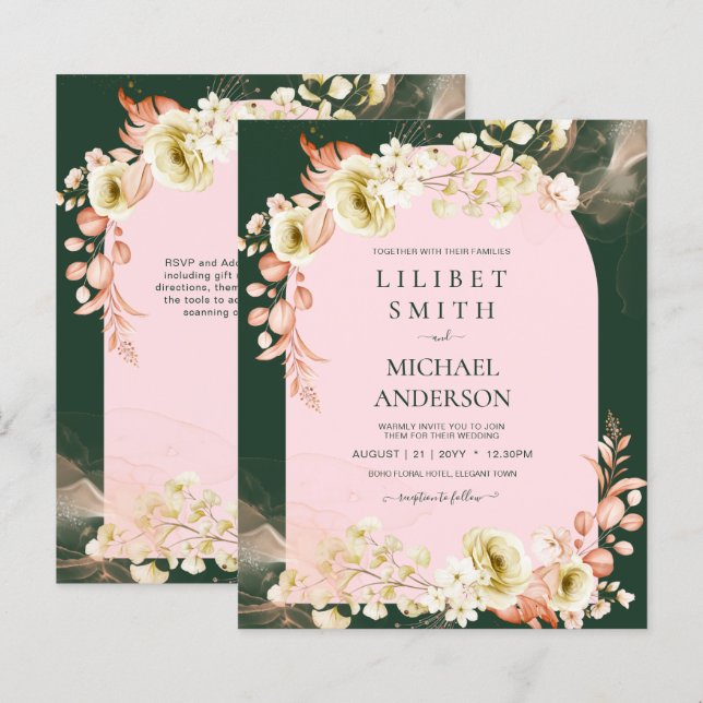 Papier Cartons d'invitation de mariage Floral Vert PINK d (Devant / Derrière)