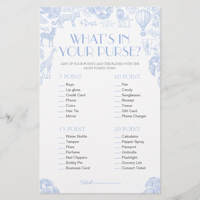 Papier Ce qui dans votre sac à main Baby shower de garçon (Devant)