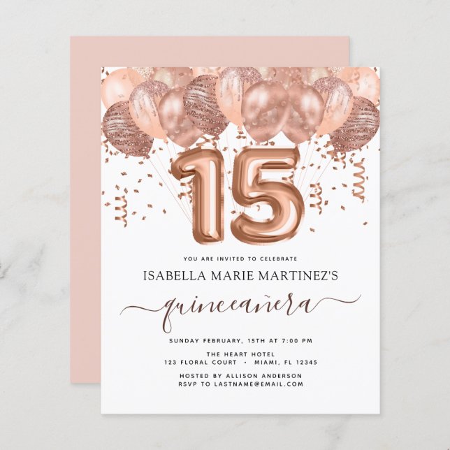 Papier Célébration de Quinceañera avec ballons en or rose (Devant / Derrière)