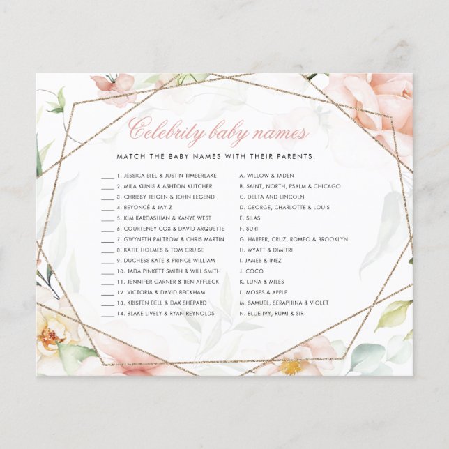 Papier Celebrity Baby Names Girl Floral Baby shower Jeu (Devant)