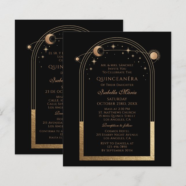 Papier Celestial Black Gold Bilingue Espagnol Quinceañera (Devant / Derrière)