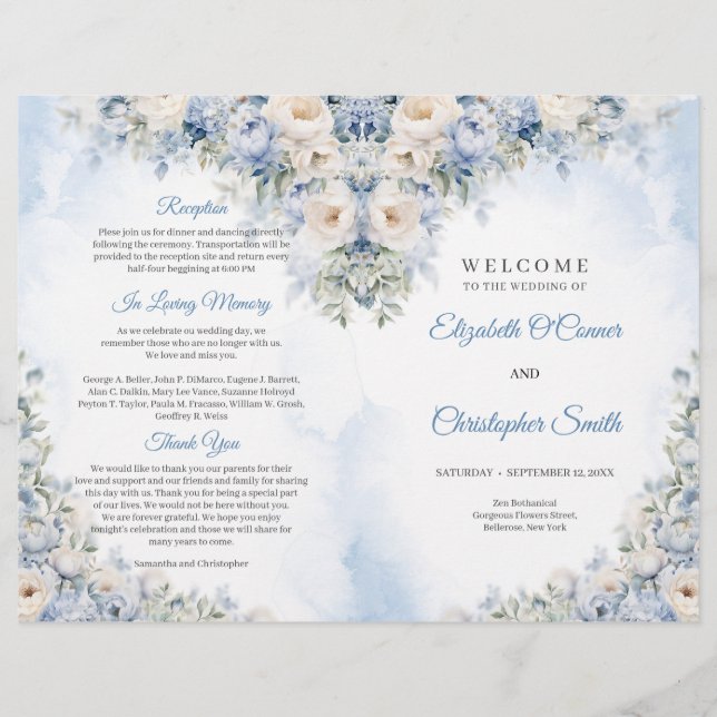 Papier Cérémonie Boho Elegant Dusty Blue and Ivory Flower (Devant)