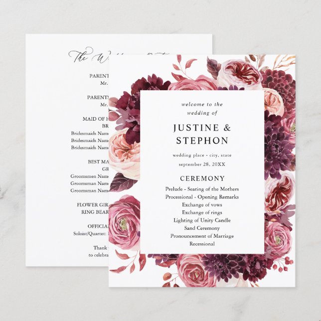 Papier Cérémonie de Mariage Budget Bourgogne & Blush Pink (Devant / Derrière)