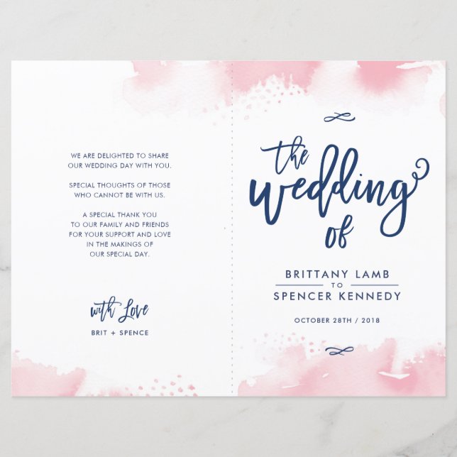 Papier CÉRÉMONIE DE MARIAGE lettrage main aquarelle rose (Devant)