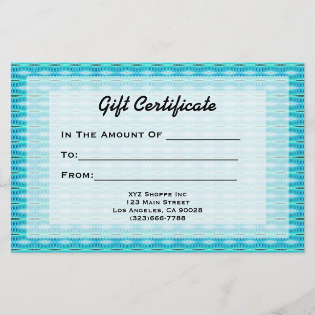 Papier Certificat cadeau Turquoise (Devant)